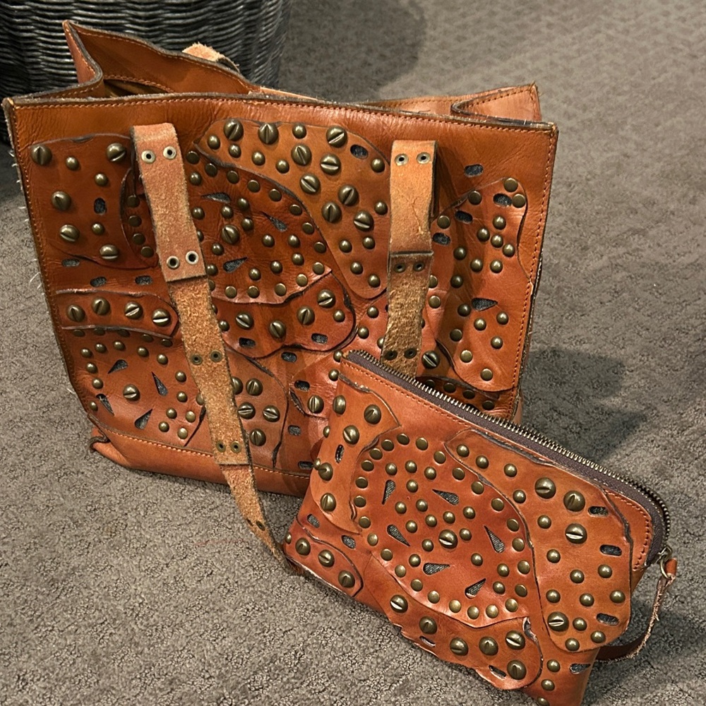 Patricia Nash Tan Leather Studded Shoulder Bag Set